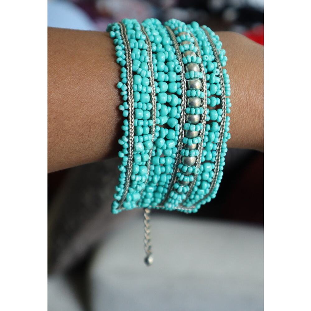Vintage Turquoise Stacked Layered Beads Bracelet Wide Boho Western Silver Multi - Picture 3 of 5